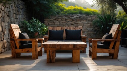 Obraz premium Solid Natural Wood Table and Couch Set on the Outdoor Terrace