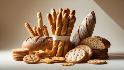 Selection of gluten free food such as snacks and bread on an isolated background