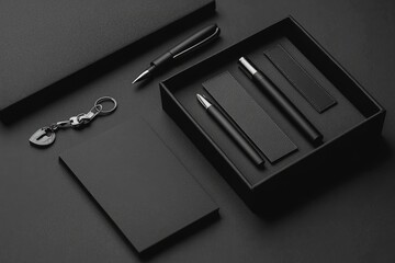 Elegant black stationery set, boxed pens, notebook, keychain