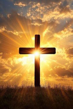 Silhouette of a wooden Christian cross on a hill at sunset with sun rays shining through the clouds religious symbol of faith