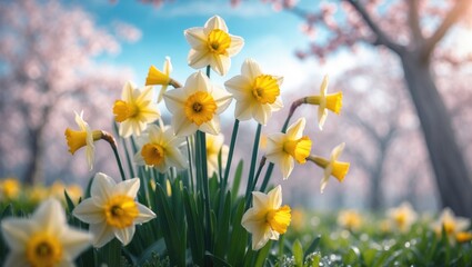 Sunny spring scene with fully bloomed flowers and a soft-focused trees background