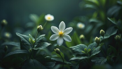 Tiny white flower standing alone amidst blooming flora and leaves