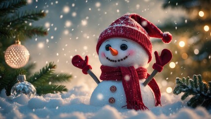 Holiday-themed card showcasing a snowy background, Christmas tree, and gift decorations