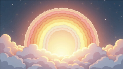 Colorful abstract sky with clouds and a rainbow illustration