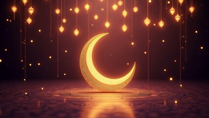 Eid Mubarak background with golden crescent moon, soft glowing lights, elegant Islamic pattern, deep purple and gold color theme. Generative Ai.