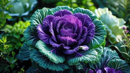 Decorative cabbage plant in bloom captured close-up with a colorful natural background
