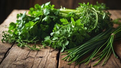 Herbs and greens arranged on wooden surface for cooking