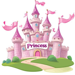 In a fairytale setting, a beautiful castle for a princess stands tall in a magic kingdom, evoking the charm of a vintage palace and the fantasy of wonderland, captured as an isolated cartoon