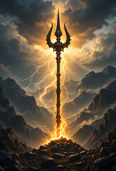 Majestic Trident in a Mountainous Landscape with Lightning and Dramatic Sky