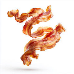 Bacon strips twisting mid-air, crisp edges catching warm light