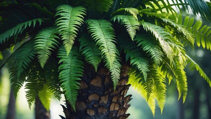 Fototapeta premium A bunch of ferns attached to a palm tree trunk in a tropical setting