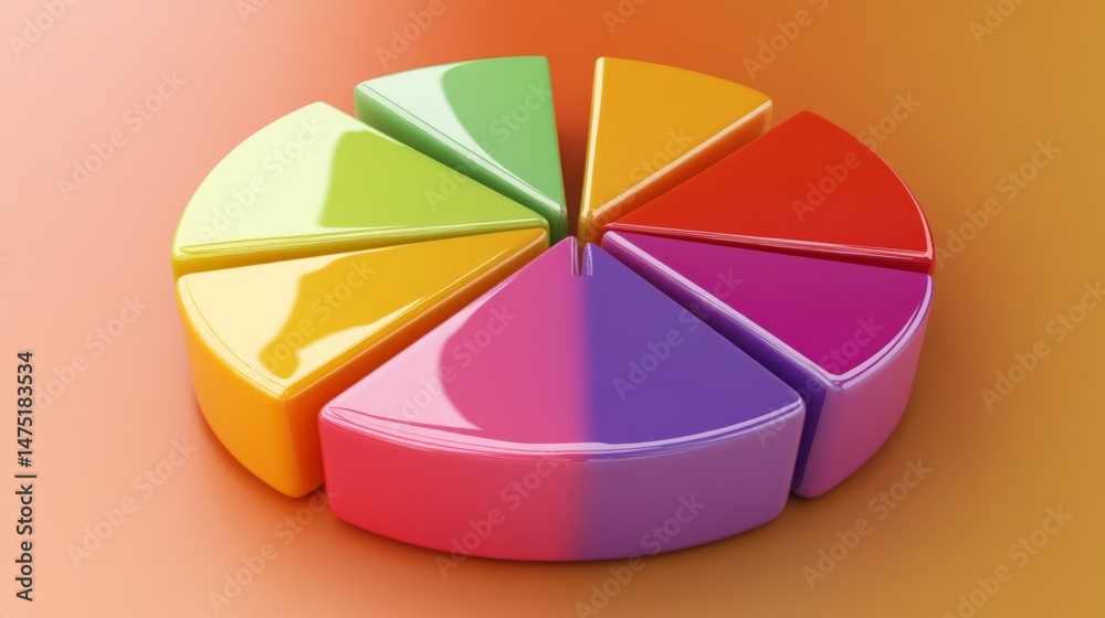 Poster a sophisticated d pie chart with segmented pieces reflecting light, showcasing comparative financial