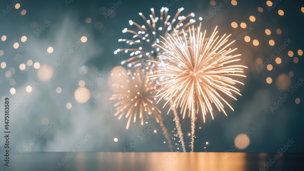 Poster Gold and silver fireworks on an abstract holiday background with bokeh and available copy space.
