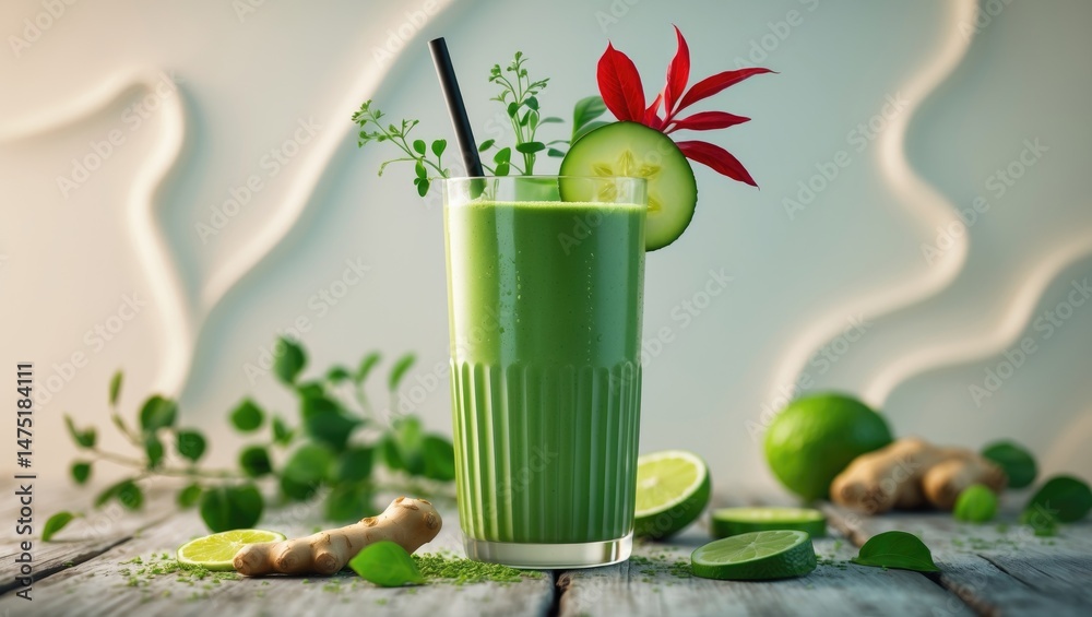 Aufkleber Refreshing detox smoothie using fresh organic vegetables displayed on a table with a gentle focus background