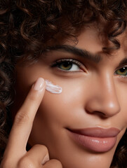 Woman applying skincare product to her face with a focused expression in natural light