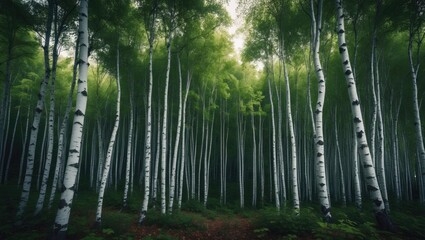 Obraz premium Tranquil birch woodland in summer, showcasing deciduous trees on an island with lush greenery