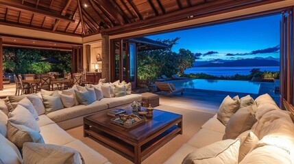 Fototapeta premium A spacious living room with an open layout, showcasing a sectional sofa, a large coffee table, and a beautiful view through glass doors leading to a patio.