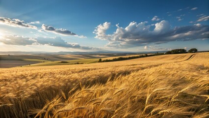 Obraz premium Golden Wheat Field Landscape Rolling Hills, Sunset Sky, Dramatic Clouds, Wide Shot, Photography Wheat field, landscape photography