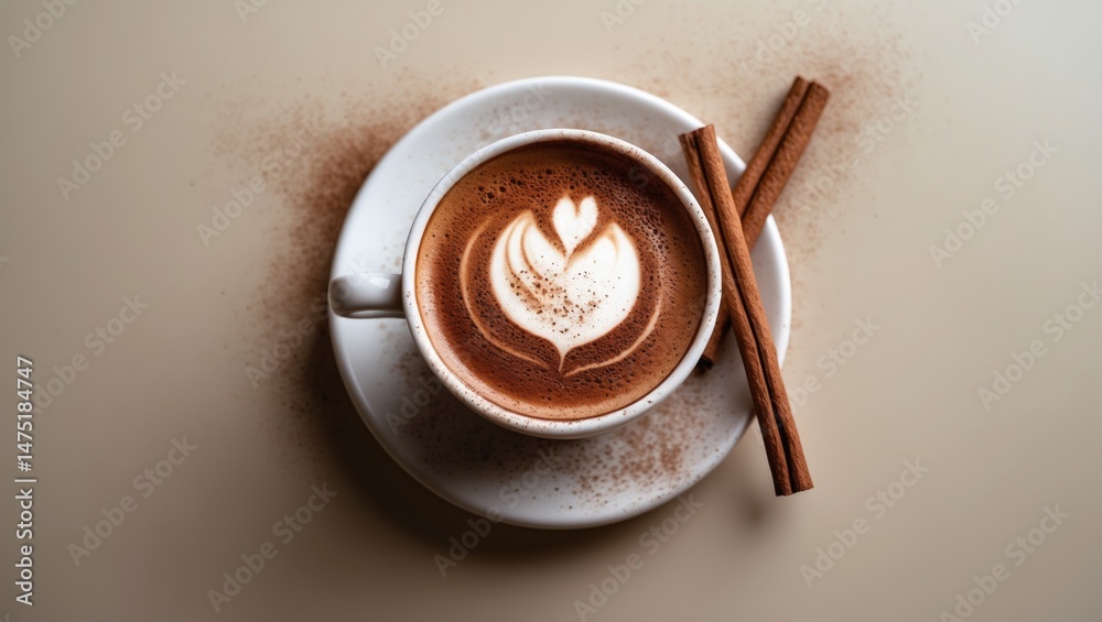 Poster Creamy cappuccino topped with cinnamon, minimalistic space for text on white backdrop