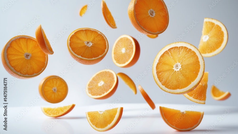 Poster orange pieces and whole oranges dropping on a plain backdrop