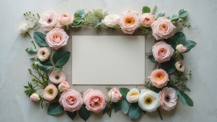 Feminine wedding and birthday scene mock-up with blank greeting card, floral frame of blush pink roses, ranunculus, and leaves, table setting, flat lay, top-down view
