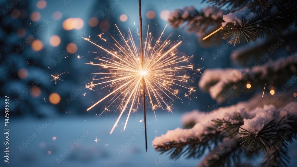 Poster christmas and new year festive backdrop with a sparkler illuminating a decorated tree amidst snowfal
