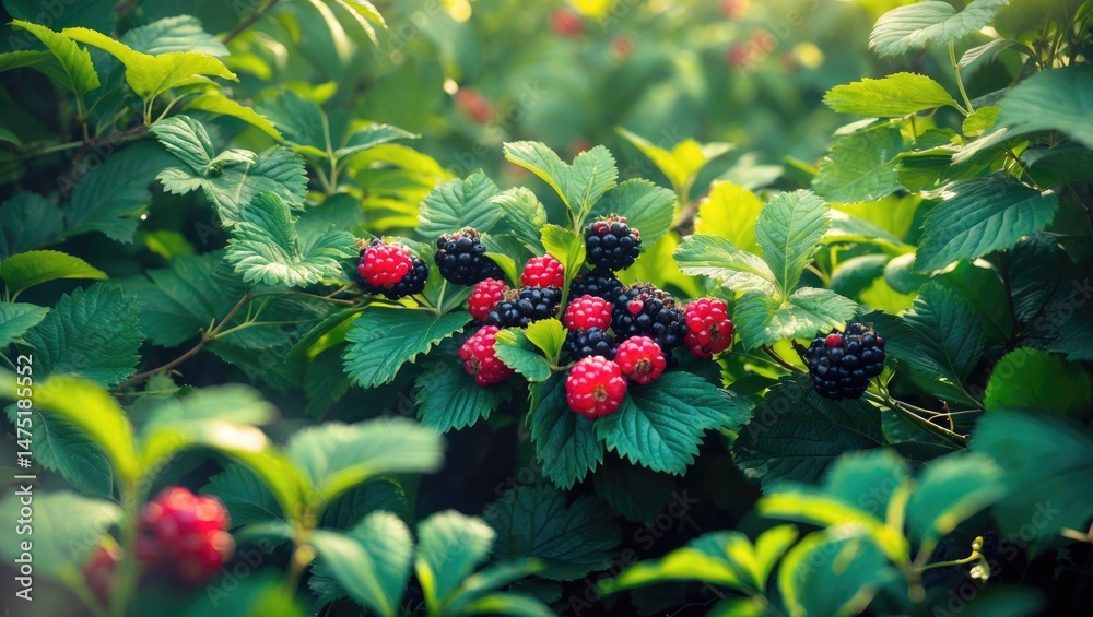 Poster image centered around a bush of blackberries with berries