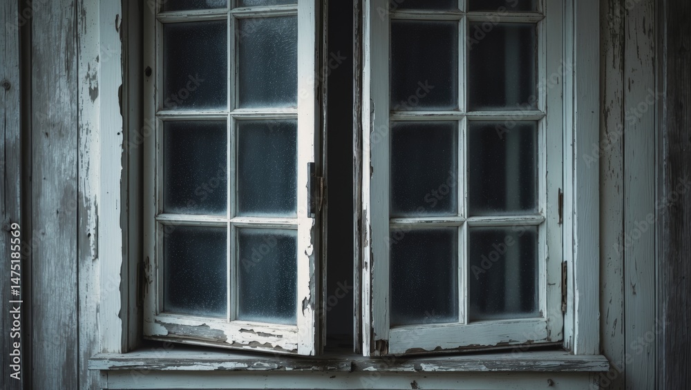 Poster Front view of an aged building with a white-framed window having corrugated glass. Wooden wall on the outside. Two sash windows in the view.