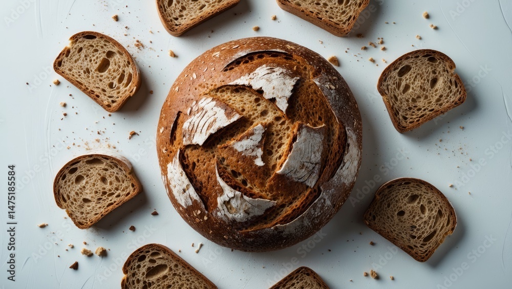 Poster rye bread slices with crumbs alongside sliced multigrain bread on white backdrop