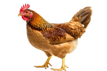 Fototapeta premium Photorealistic Rooster with Red Crest and Brown Feathers Standing Pose Transparent Background.