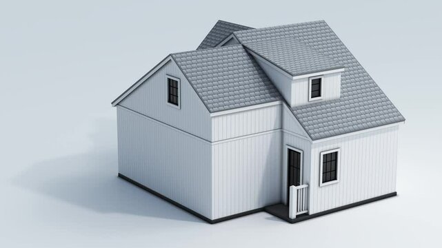 Rotating white small cottage with porch and dormer window on white background. 3d animation loop