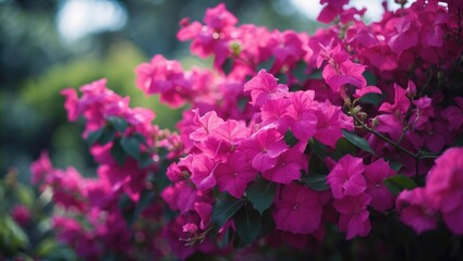 Fototapeta premium Macro shot of small bougainvillea blooms in a lush nature setting