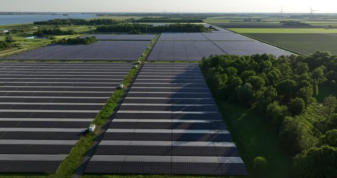 generation of renewable energy, the largest solar park in the Netherlands, Dronten, Biddinghuizen, aerial view.