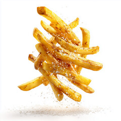 Falling french fries, golden and crispy, with salt granules frozen in midair