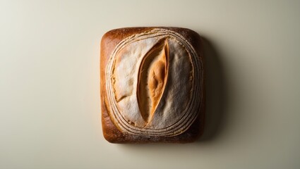 Top-down image of a rustic ciabatta bread with a neutral background and room for writing.
