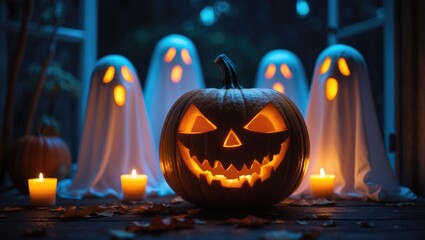 Obraz premium Nighttime Halloween display with burning candles, creepy faces on pumpkins, and floating ghosts for holiday fun