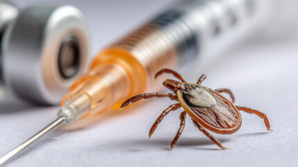 macro shot of tick near vaccine vial and syringe – medical concept for tick-borne diseases, suitable for educational materials, vaccination campaigns, and healthcare articles