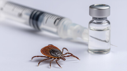 macro shot of tick near vaccine vial and syringe – medical concept for tick-borne diseases, suitable for educational materials, vaccination campaigns, and healthcare articles