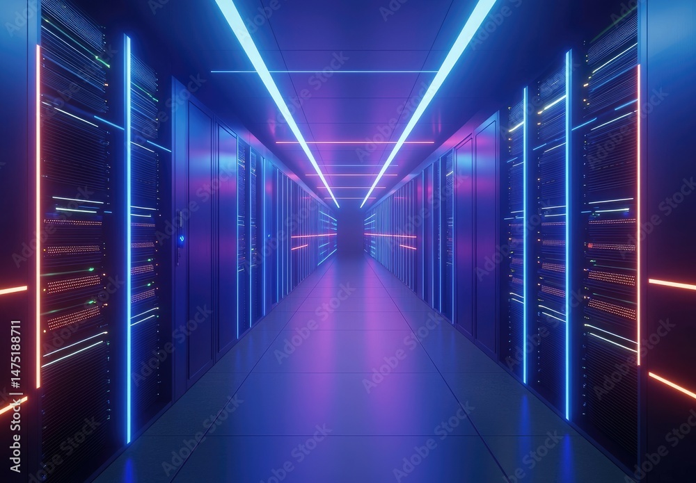 Poster high-tech server corridor with vibrant neon blue and pink lights lining sleek server racks and ceili