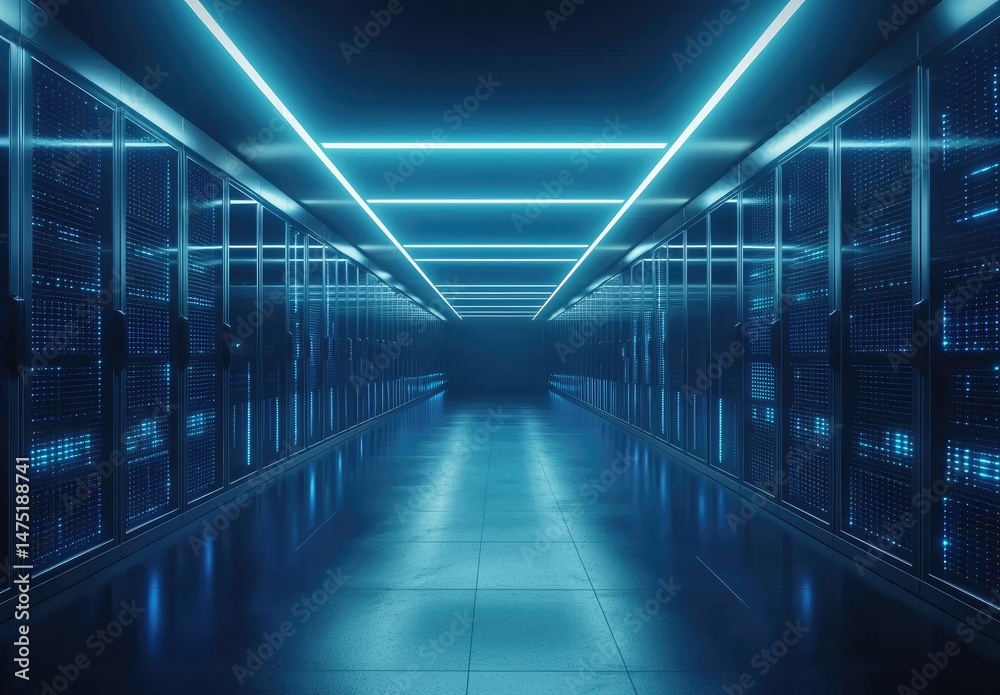 Poster Sleek data center hallway illuminated by linear blue ceiling lights, lined with modern servers reflecting on polished dark flooring. Great for cloud, AI, or tech infrastructure topics