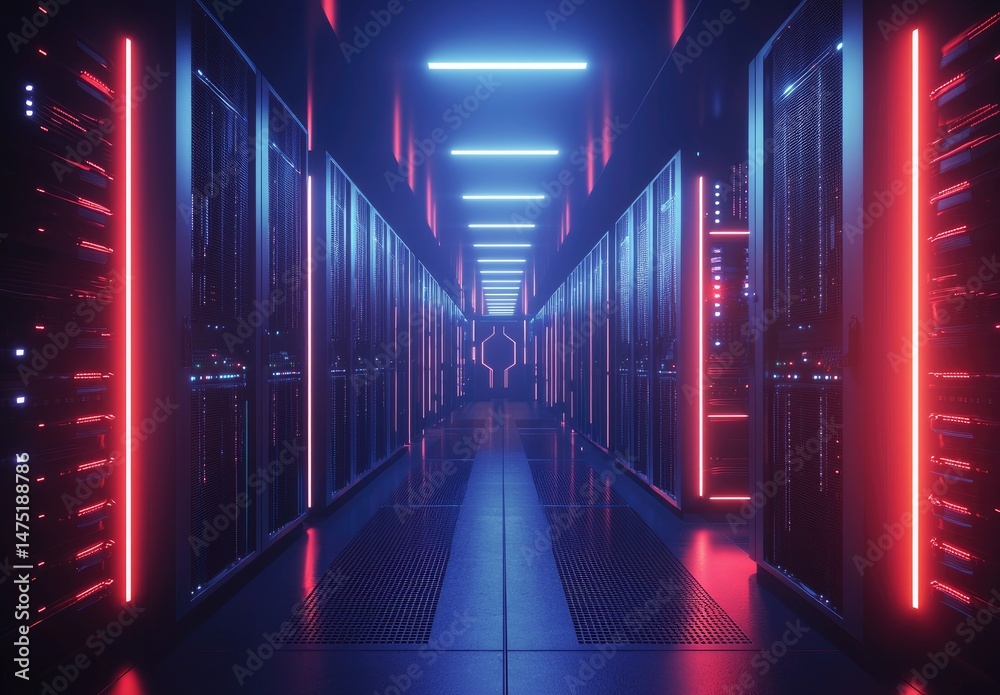 Poster advanced data center hallway with glowing red and blue led lights and sleek server racks, evoking cy