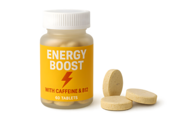 A bottle of energy-boosting tablets with caffeine and B12, containing 60 tablets, alongside a few loose tablets. Concept Energy-Boosting Tablets, Caffeine, Vitamin B12, 60 Tablets, Dietary Supplement