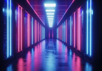 Fototapeta premium Vibrant data center corridor with neon blue and pink lights reflecting on glossy tiles, showcasing futuristic server racks. Ideal for AI, tech, or digital innovation visuals
