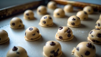 Obraz premium Freshly prepared raw cookie dough with chocolate chips on table, close-up