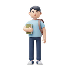 3D cartoon student boy holding books isolated on transparent