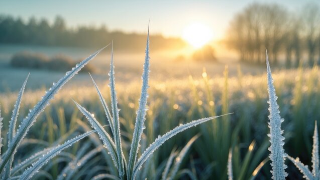 Chilled grass blades twinkle in the mild sunlight, set before a vineyard in the misty dawn. A serene depiction of nature's elegance.