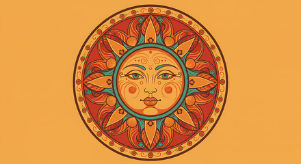 Obraz premium Sun with Face, Decorative Folk Art Illustration, ideal for Cultural Projects, Spiritual Themes, and Design Elements