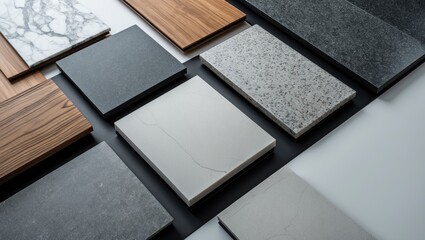 Interior design material samples with marble, artificial stone, textured stone tiles, and laminated wooden flooring.