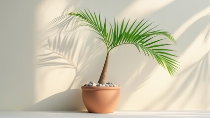 Obraz premium Tiny palm tree leaves cast shadow on a clay pot's top half, showing rounded stones and blank space on the left side.