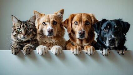 Cats and dogs lined up with their heads above and paws up, peeking over a sign that is blank.
